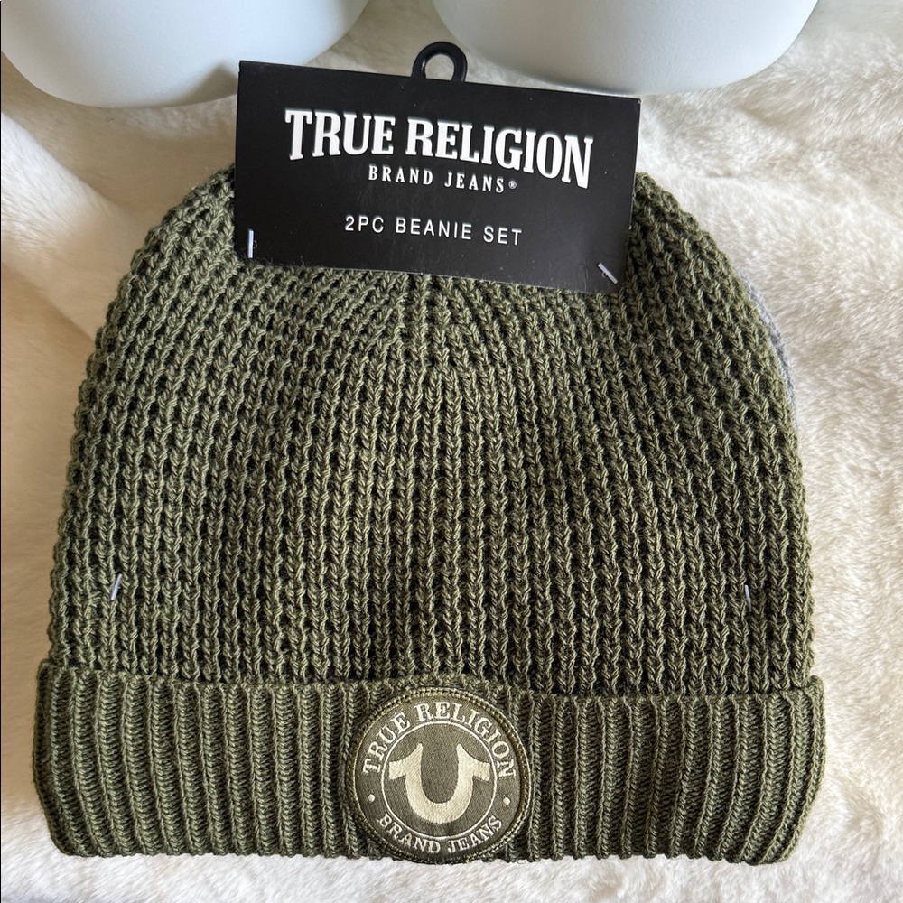 True Religion Olive Green Ribbed Knit Beanie with Logo Patch 2 Hats